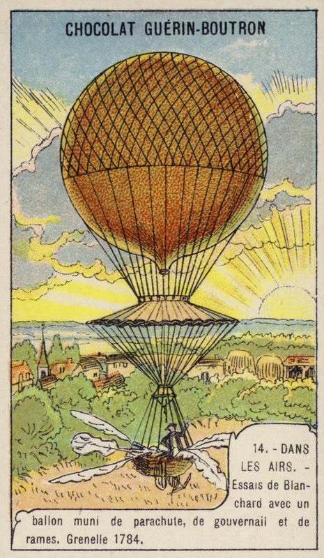 Blanchard testuje swój balon wyposażony w spadochron, ster i wiosła, Grenelle, Francja autorstwa French School