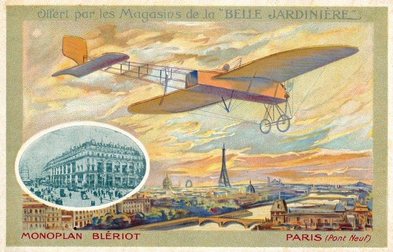 Jednopłatowiec Bleriot i widok Paryża pokazujący most Pont Neuf (chromolitho) autorstwa French School