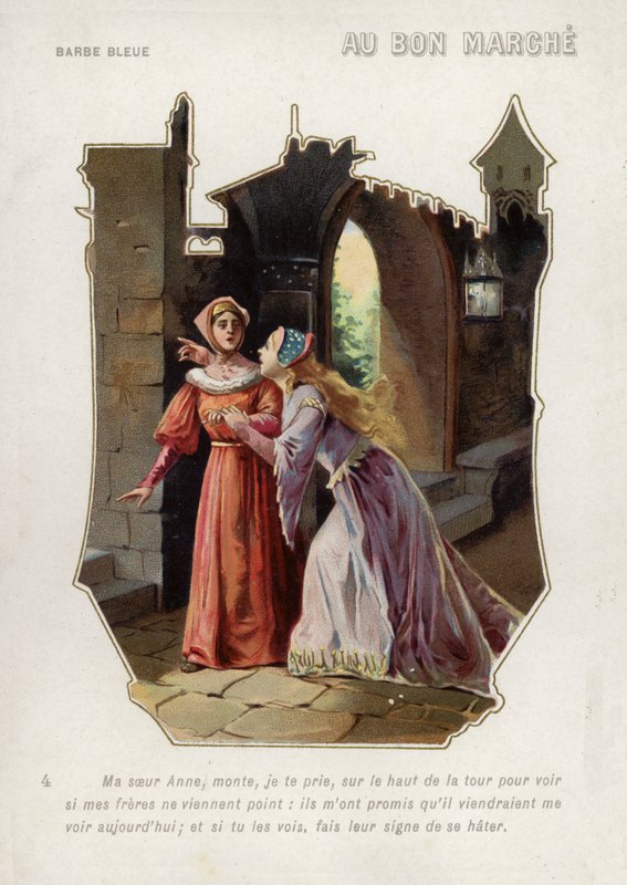 Żona Sinobrodego każe swojej siostrze Annie wspiąć się na wieżę zamku i uważać na swoich braci (chromolitho) autorstwa French School