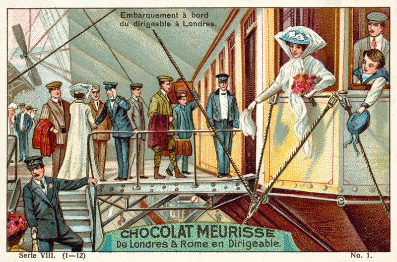 Wejście na pokład sterowca w Londynie (chromolitho) autorstwa French School