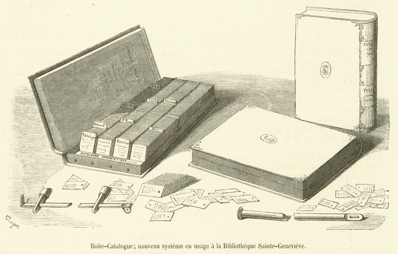 Pudełko na katalog, nowy system w użyciu w Bibliotheque Sainte-Genevieve (grawerowanie) autorstwa French School