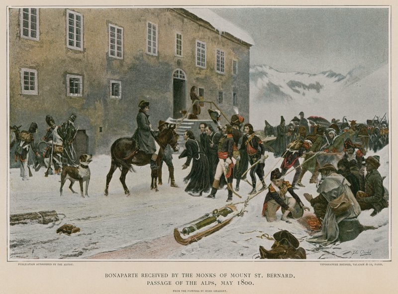 Bonaparte otrzymany przez mnichów z Góry św. Bernarda autorstwa French School