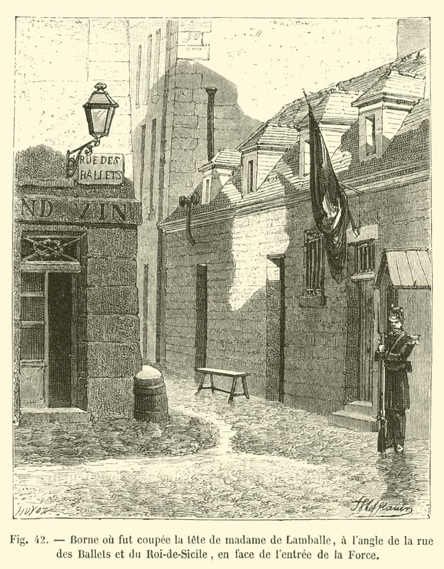 Słupek, na którym odcięto głowę Madame de Lamballe, na rogu rue des Ballets i rue du Roi-de-Sicile, naprzeciwko wejścia do La Force autorstwa French School