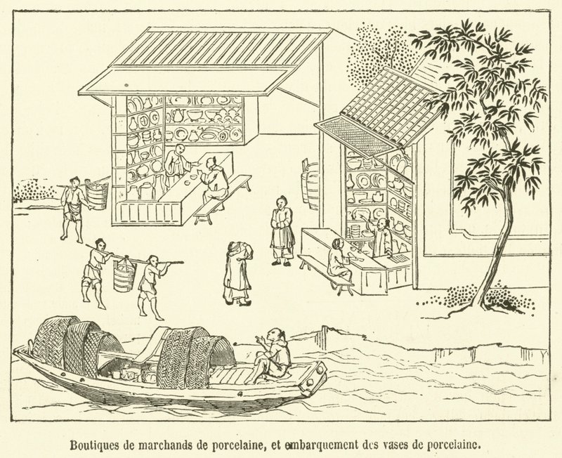 Sklepy kupców porcelany i zaokrętowanie wazonów porcelanowych (grawerowanie) autorstwa French School