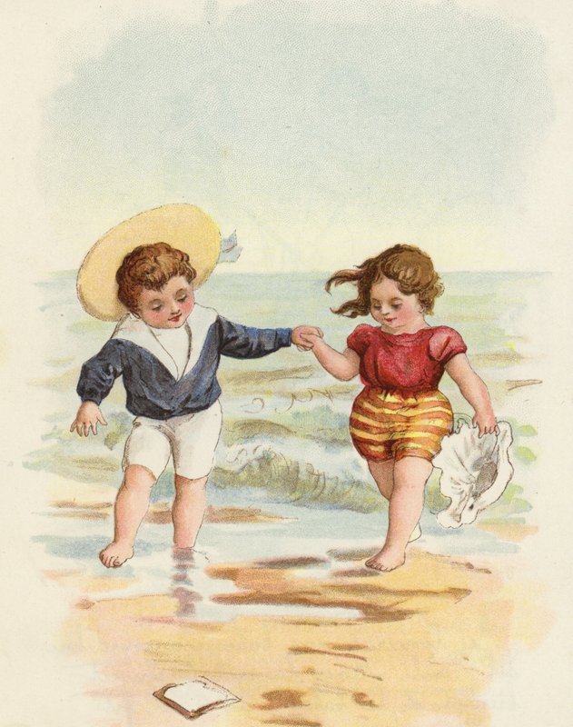 Chłopiec i dziewczynka bawią się na plaży autorstwa French School