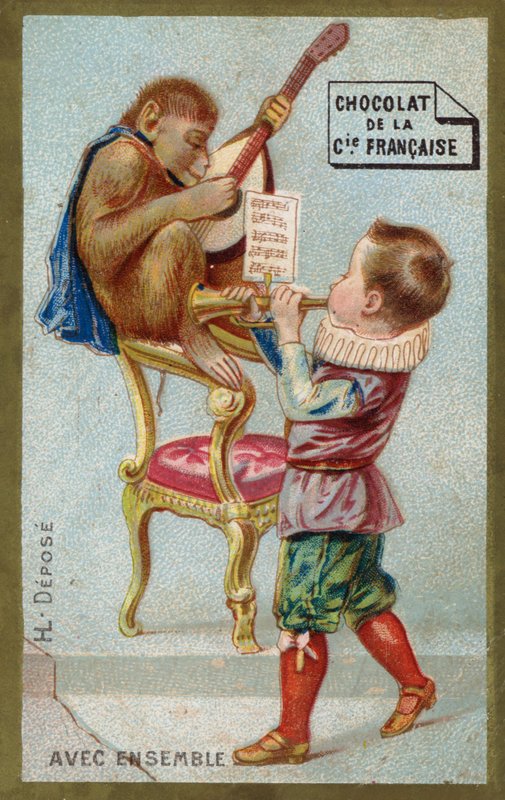 Chłopiec i małpa grają razem na instrumentach muzycznych (chromolitho) autorstwa French School