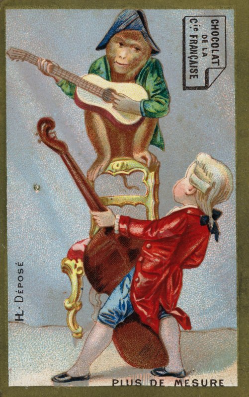 Chłopiec i małpa grają razem na instrumentach muzycznych (chromolitho) autorstwa French School