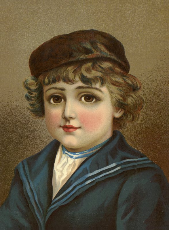 Chłopiec, z dużymi brązowymi oczami, w marynarskim garniturze autorstwa French School