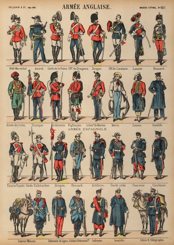 Brytyjskie i hiszpańskie mundury wojskowe (kolorowe grawerowanie) autorstwa French School