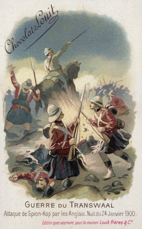 Wojska brytyjskie atakujące Spion Kop w nocy z 24 stycznia 1900 (chromolitho) autorstwa French School