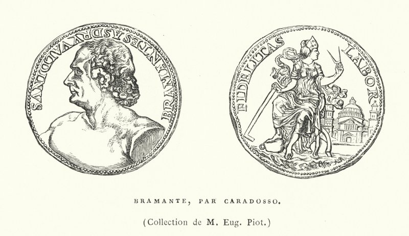 Brązowy medal portretowy włoskiego architekta renesansu Donato Bramante autorstwa Caradosso, c1506 (rycina) autorstwa French School