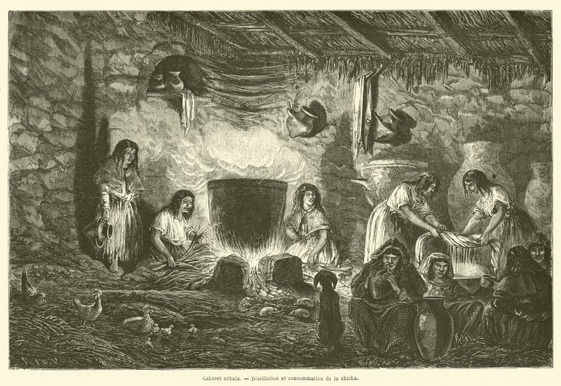 Kabaret miejski, Destylacja i konsumpcja chicha (grawerowanie) autorstwa French School