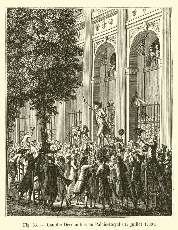 Camille Desmoulins w Palais-Royal, 17 lipca 1789 autorstwa French School