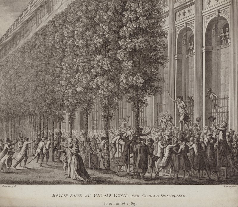 Camille Desmoulins dostarczający wezwanie do broni do ludzi w Palais Royal w Paryżu autorstwa French School