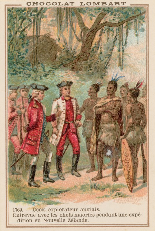 Spotkanie kapitana Jamesa Cooka z wodzami Maorysów w Nowej Zelandii, 1769 autorstwa French School