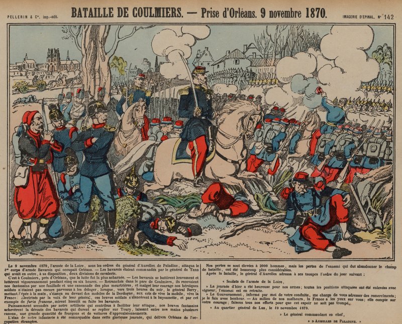 Zdobycie Orleanu przez Francuzów po bitwie pod Coulmiers, wojna francusko-pruska, 9 listopada 1870 (kolorowe grawerowanie) autorstwa French School