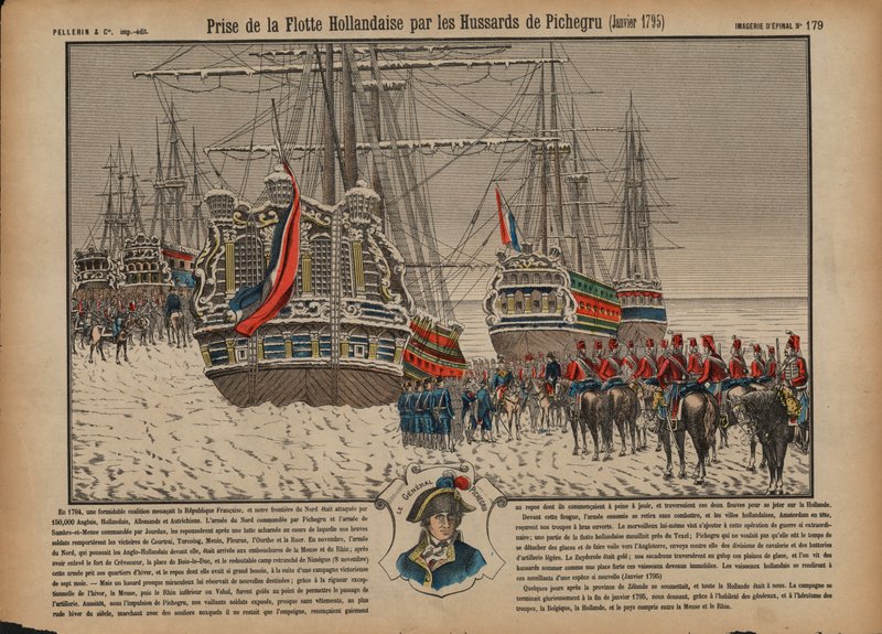 Zdobycie floty holenderskiej na zamarzniętym Ijsselmeer przez francuskich huzarów dowodzonych przez generała Pichegru, styczeń 1795 (kolorowy grawerunek) autorstwa French School