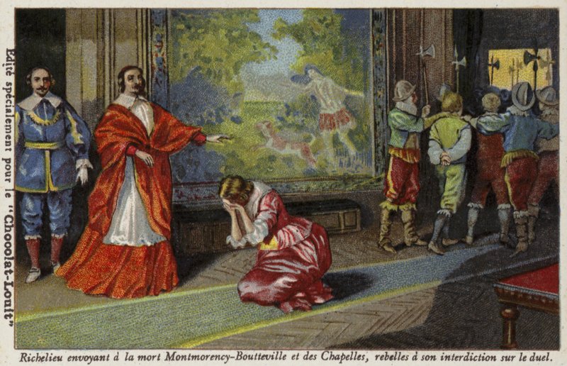 Kardynał Richelieu wysyłający Francois de Montmorency-Bouteville i hrabiego de Chapelles na egzekucję za złamanie zakazu pojedynkowania się, 1627 autorstwa French School