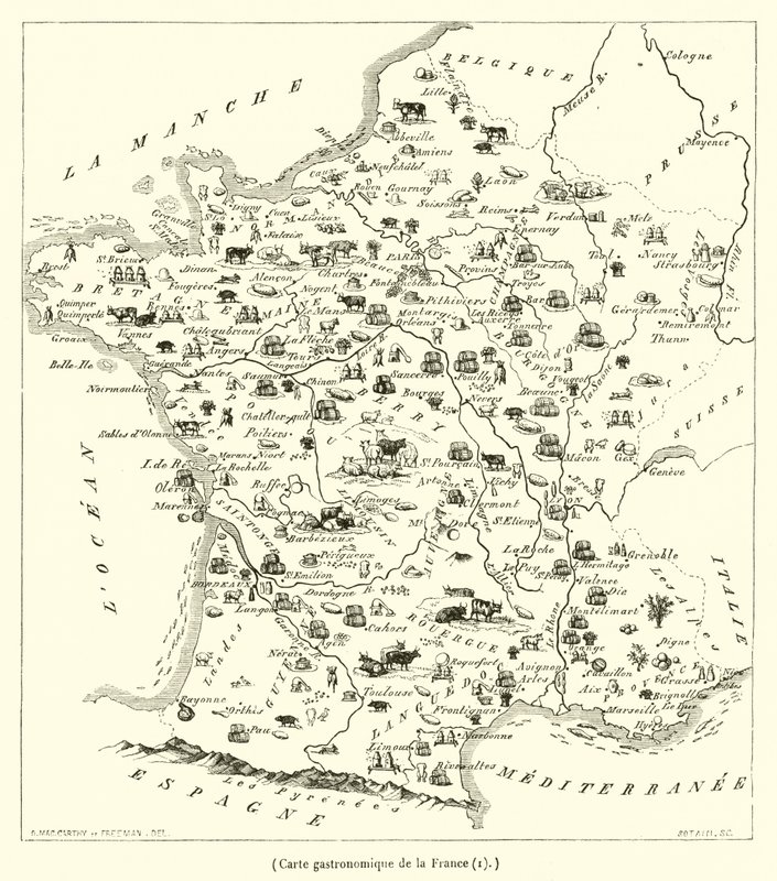 Mapa gastronomiczna Francji (grawerowanie) autorstwa French School
