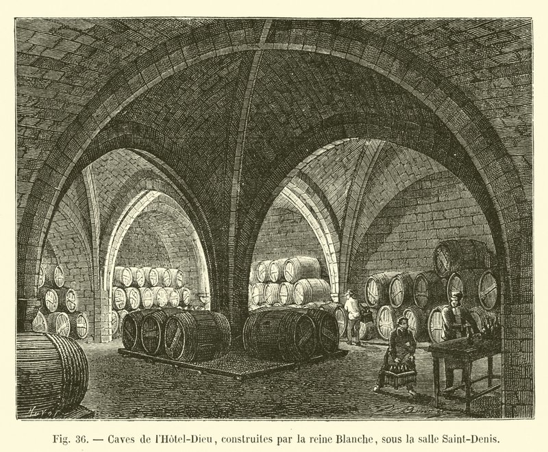 Piwnice Hôtel-Dieu, zbudowanego przez królową Blanche, pod salą Saint-Denis autorstwa French School