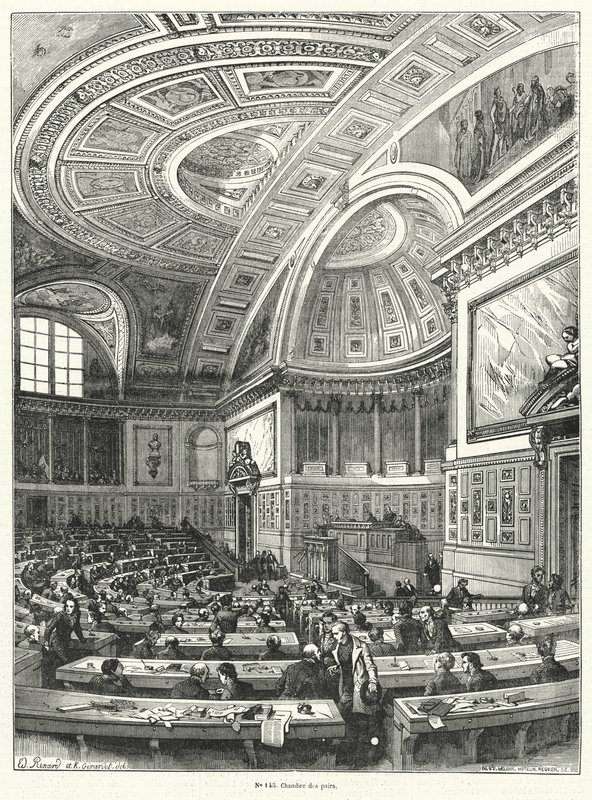Chambre des Pairs (Izba Parów), wyższa izba parlamentu francuskiego od 1814 r. do jej zniesienia po rewolucji 1848 r. (grafika) autorstwa French School