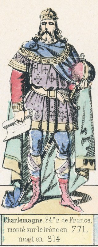 Karol Wielki, 24 król Francji, wstąpił na tron ​​w 771, zmarł w 814 (kolorowa rycina) autorstwa French School
