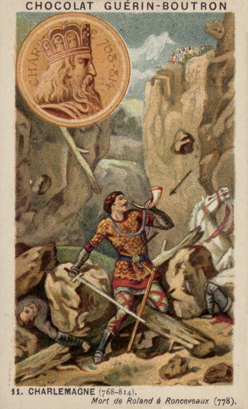 Karol Wielki i śmierć Rolanda w Ronceveaux, 778 (chromolitho) autorstwa French School
