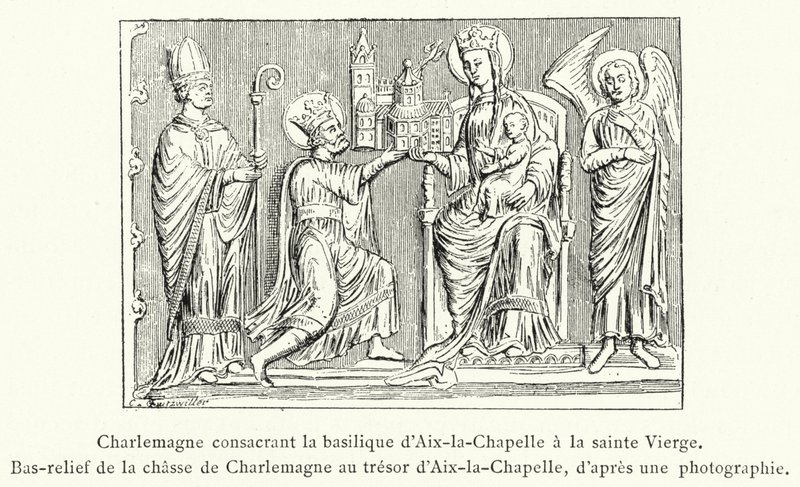 Karol Wielki konsekrujący bazylikę Aix-la-Chapelle Najświętszej Maryi Pannie, płaskorzeźba polowania Karola Wielkiego na skarbiec Aix-la-Chapelle (rycina) autorstwa French School