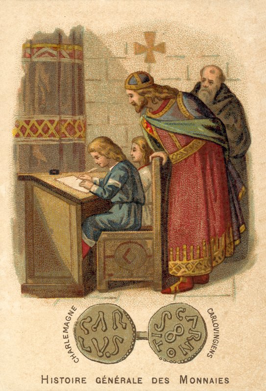 Karol Wielki obserwuje dzieci piszące w szkole (chromolitho) autorstwa French School