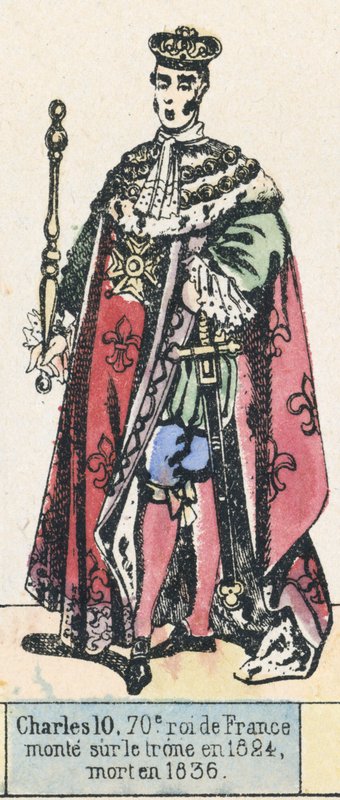 Karol 10, 70 król Francji, wstąpił na tron ​​1824, zmarł w 1836 (kolorowa rycina) autorstwa French School