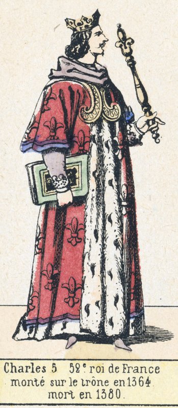 Karol 5, 52 król Francji, wstąpił na tron ​​1364, zmarł w 1380 (kolorowa rycina) autorstwa French School