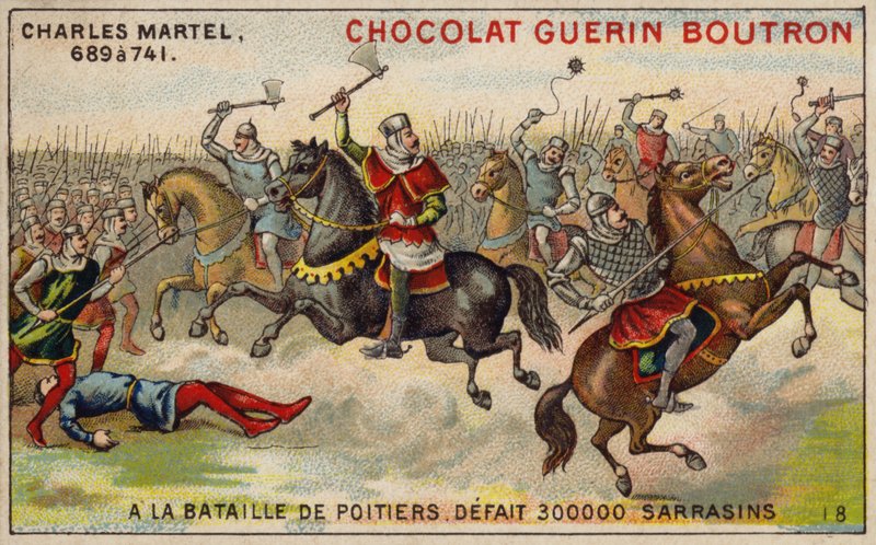 Charles Martel pokonując armię 300 000 Saracenów w bitwie pod Poitiers, 732 (chromolitho) autorstwa French School