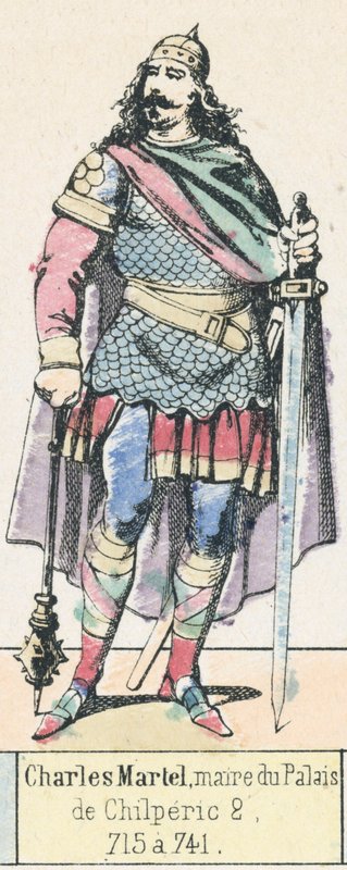 Karol Martel, burmistrz pałacu, Chilperic 2, 715 a 741 (kolorowa rycina) autorstwa French School