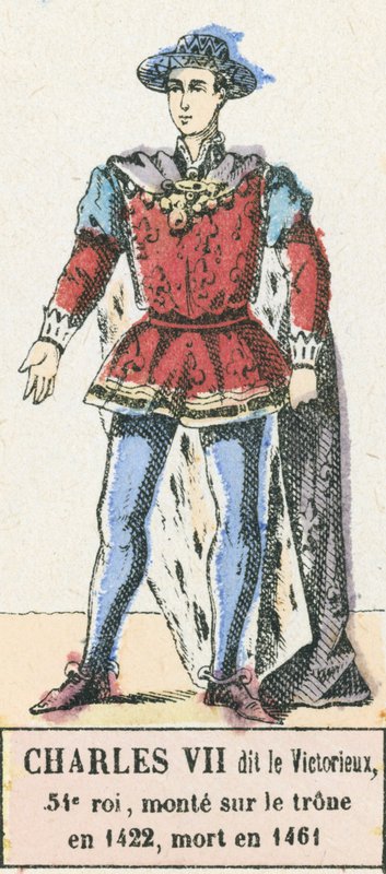 Karol VII zwany Zwycięskim, 54 król, wstąpił na tron ​​w 1422, zmarł w 1461 (kolorowa rycina) autorstwa French School