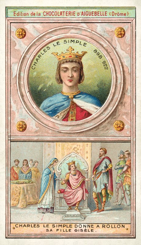 Karol Prosty dający swoją córkę Gisele Rollo z Normandii w małżeństwie, 911 (chromolitho) autorstwa French School
