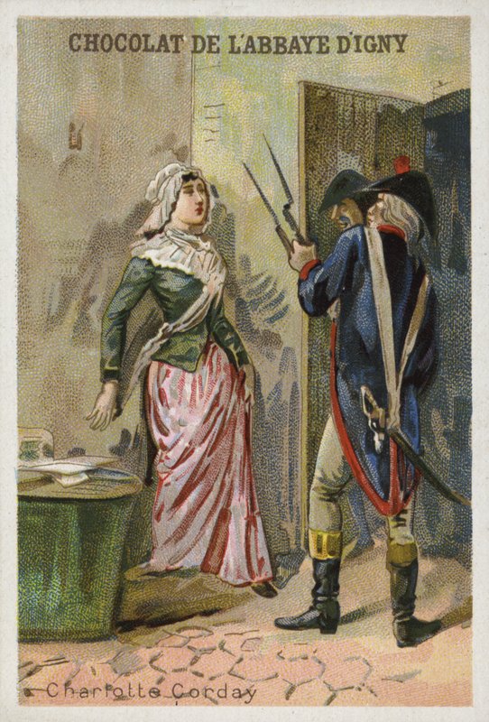 Charlotte Corday, zabójca jakobińskiego przywódcy francuskiej rewolucji Jean-Paul Marat autorstwa French School