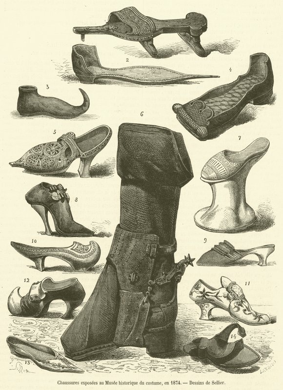 Buty wystawione w Muzeum Kostiumów Historycznych w 1874 r. (rycina) autorstwa French School