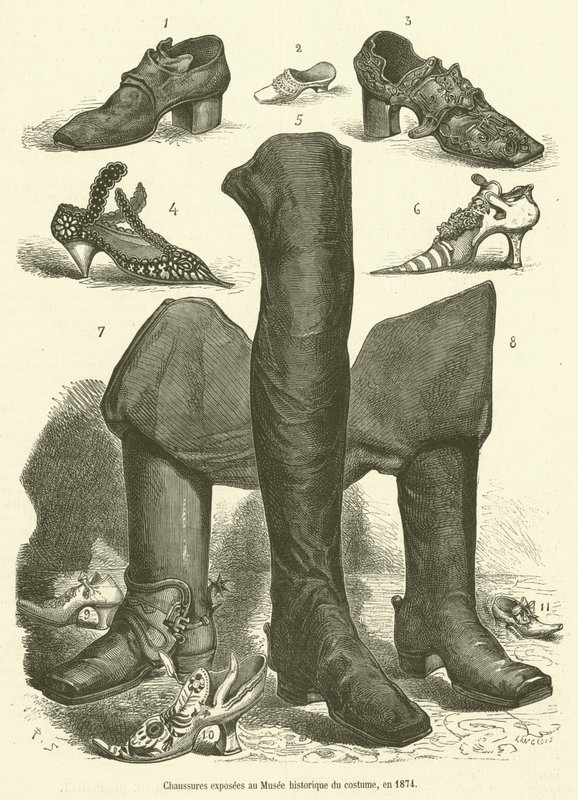 Buty wystawione w Muzeum Kostiumów Historycznych w 1874 r. (rycina) autorstwa French School