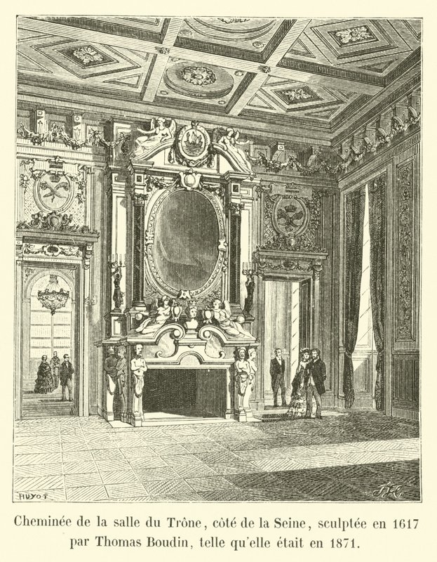Kominek w sali tronowej od strony Sekwany wyrzeźbił w 1617 r. Thomas Boudin, podobnie jak w 1871 r. autorstwa French School