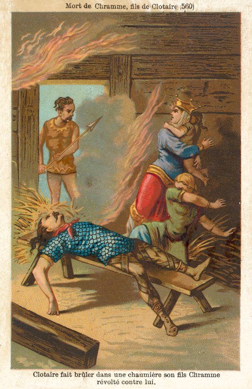 Chlothar I, król Franków, pali na śmierć swojego zbuntowanego syna Chrama i jego rodzinę, 560 (chromolitho) autorstwa French School