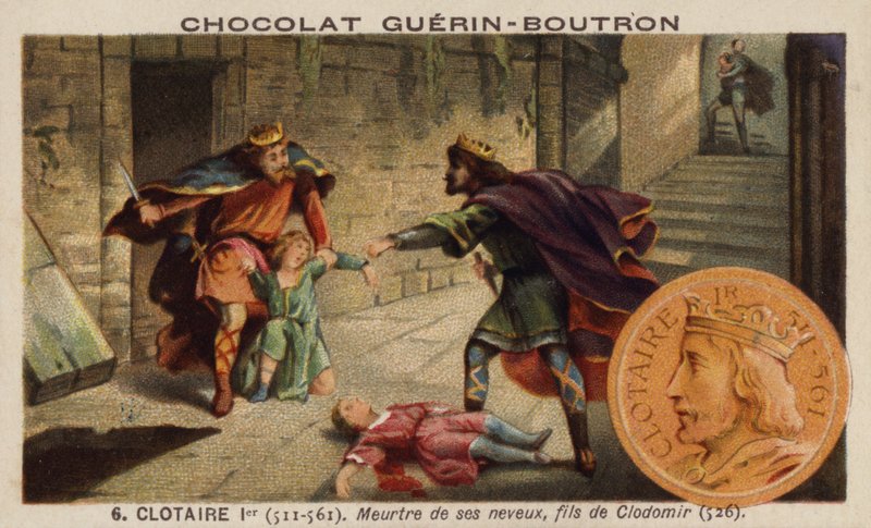 Chlothar I i zabójstwo jego siostrzeńców, synów króla Klodomira, 526 (chromolitho) autorstwa French School