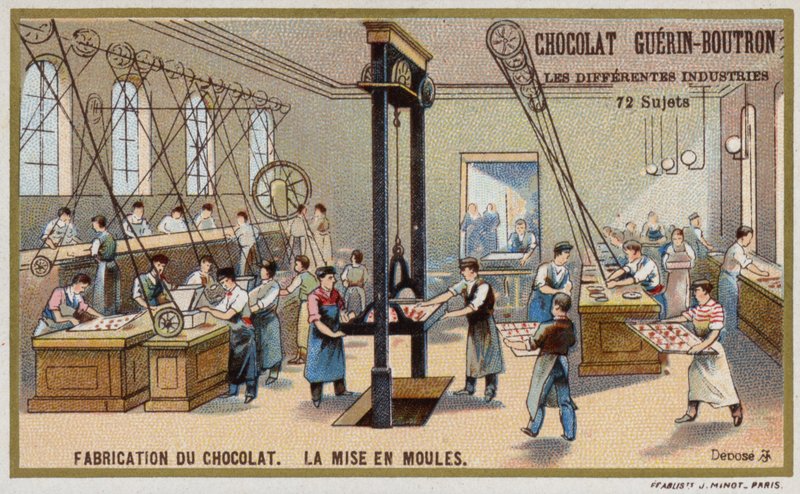 Produkcja czekolady. Wkładanie czekolady do foremek (chromolitho) autorstwa French School