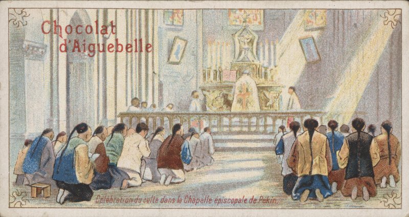 Chrześcijanie modlący się w Kaplicy Episkopatu w Pekinie (chromolitho) autorstwa French School