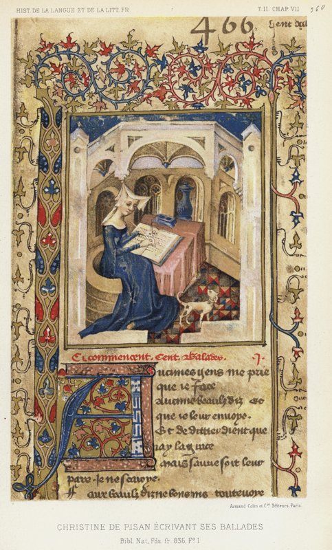 Christine De Pisan pisząca swoje ballady (kolorowa litografia) autorstwa French School