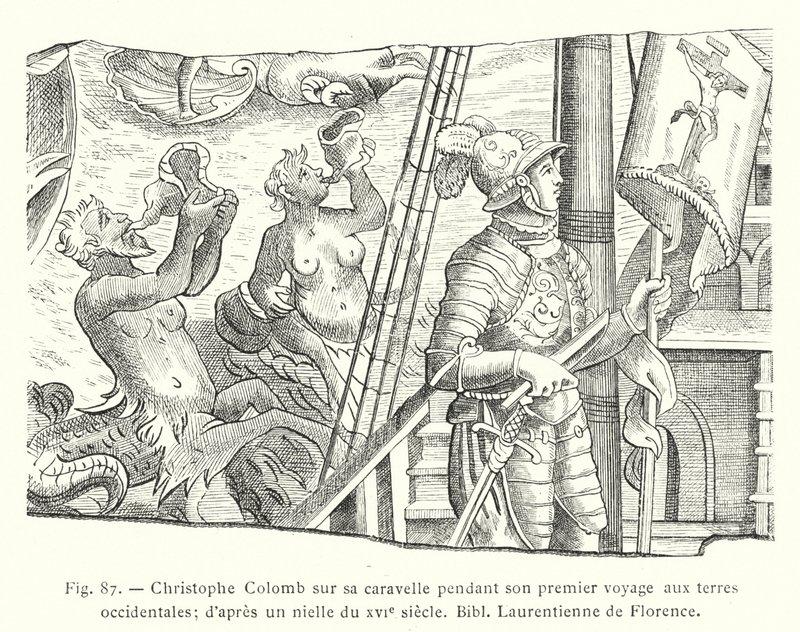Krzysztof Kolumb na swojej karaweli podczas swojej pierwszej wyprawy na ziemie zachodnie; wg niella z XVI w. Bibl Laurentienne de Florence (rycina) autorstwa French School