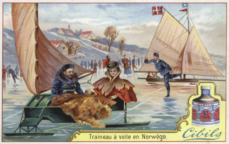 Karta Cibils przedstawiająca sanki na lodzie autorstwa French School