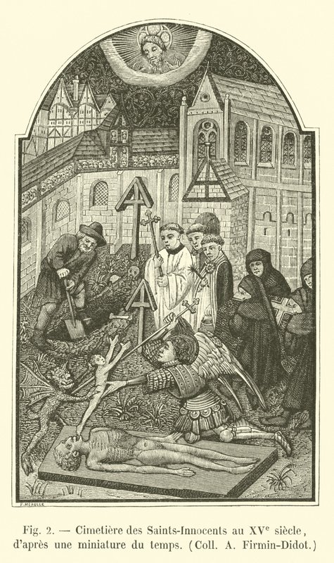 Cmentarz Świętych-Niewinnych z XV w., z ówczesnej miniatury, Zb. A Firmin-Didot autorstwa French School