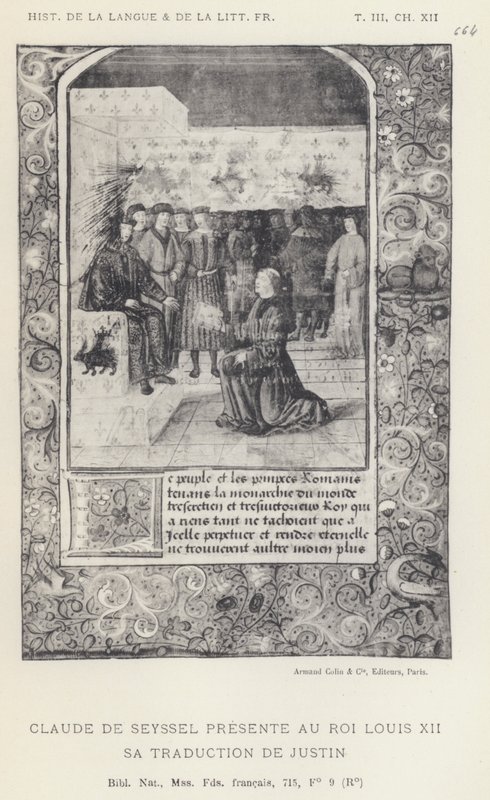 Claude De Seyssel przedstawia królowi Ludwikowi XII swoje tłumaczenie Justina (lito) autorstwa French School