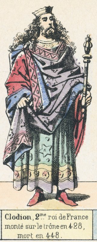 Clodion, 2. król Francji, wstąpił na tron ​​w 428, zmarł w 448 (kolorowa rycina) autorstwa French School