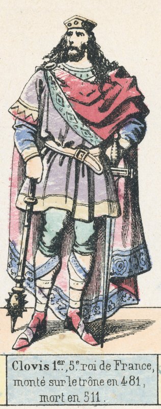 Clovis 1., 5. król Francji, wstąpił na tron ​​481, zmarł w 511 (kolorowa rycina) autorstwa French School